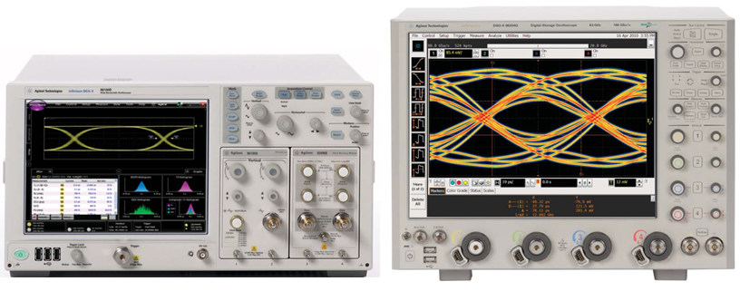 Figure 3: Accurate jitter measurements require oscilloscopes with the lowest noise and jitter measurement floor. Shown are the Agilent 86100D sampling oscilloscope (left) and Agilent 90000 Q-Series real-time oscilloscope.